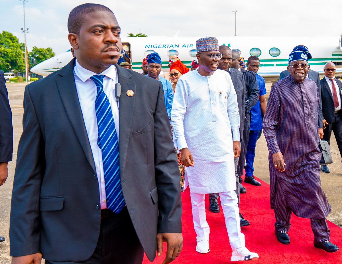 Gov. @jidesanwoolu, this afternoon, received President @officialABAT at the Presidential Wing of the Muritala Muhammad International Airport. The President is in Lagos to flag off and commission projects in commemoration of his first year in office.