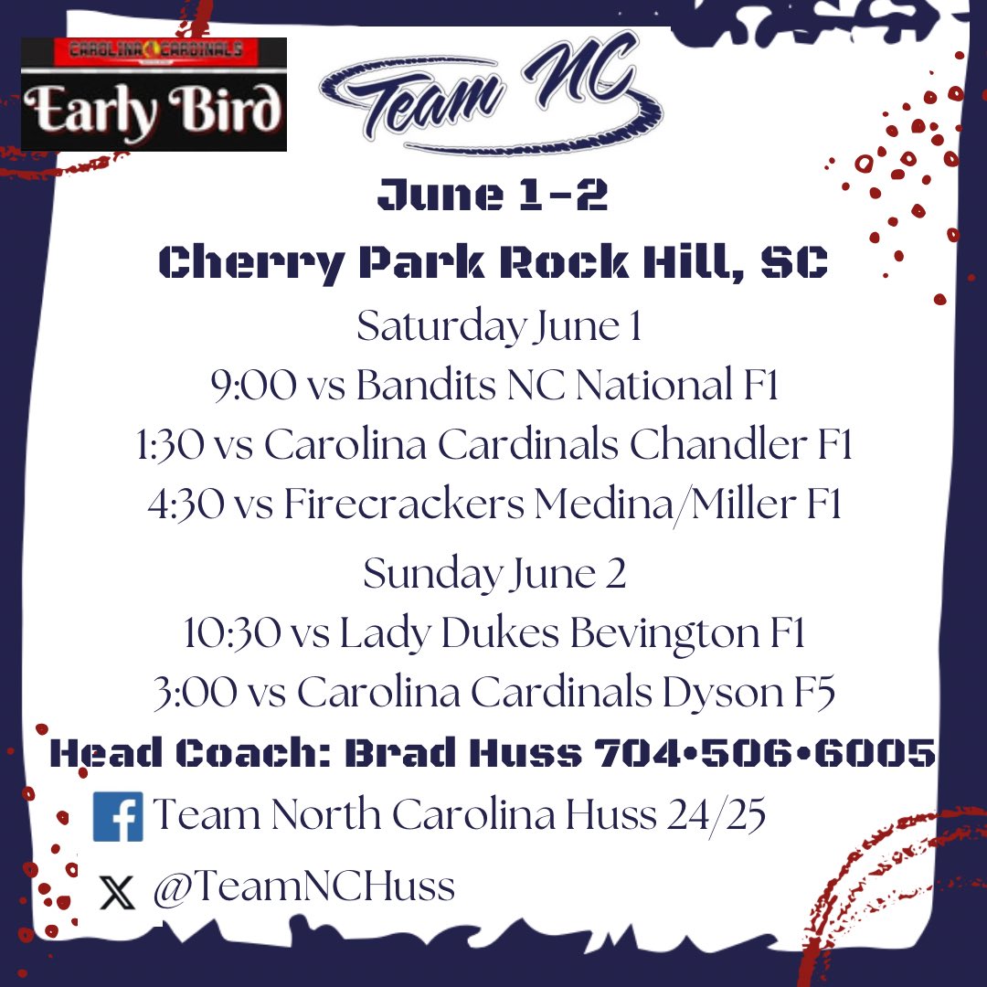 We hit the dirt in 1️⃣ week! Here’s our schedule for the Early Bird Showcase in Rock Hill, SC. ⤵️
<a href="/HussBrad/">Team North Carolina-Huss</a> 
<a href="/TeamNCSoftball/">Team North Carolina Softball</a>