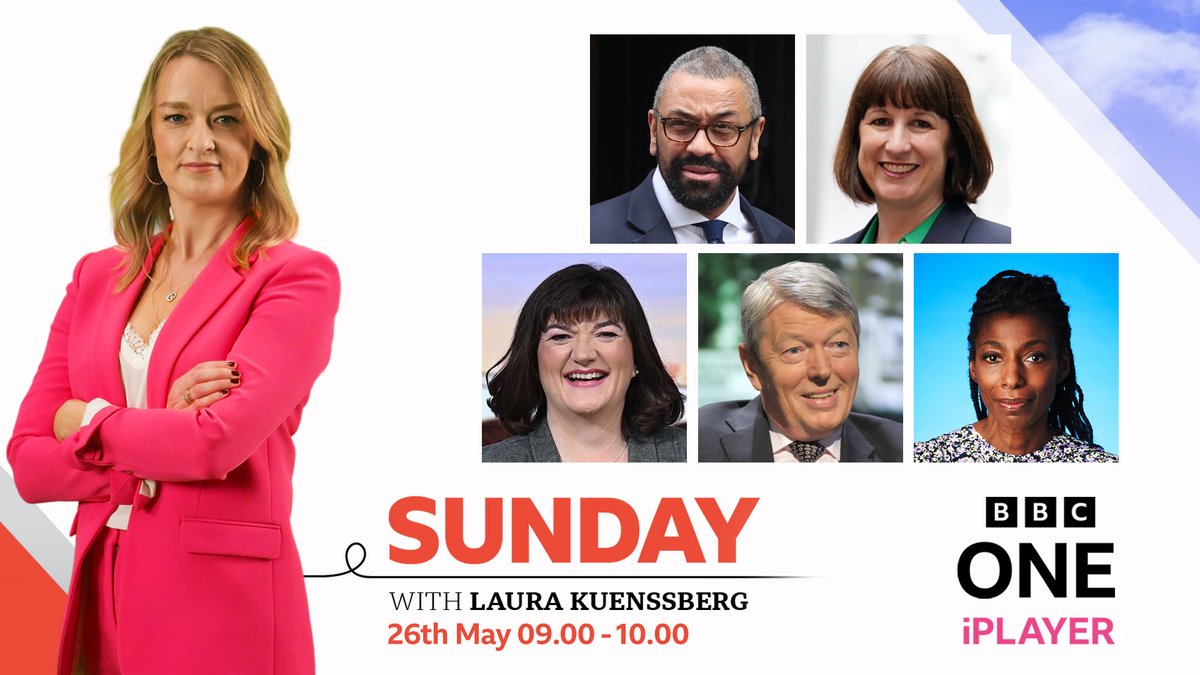 Joining #BBCLauraK Home Secretary James Cleverly Shadow Chancellor Rachel Reeves Former Conservative cabinet minister Nicky Morgan Former Labour cabinet minister Alan Johnson John Lewis chair Sharon White Sunday 9am @BBCOne bbc.co.uk/news/uk-politi…