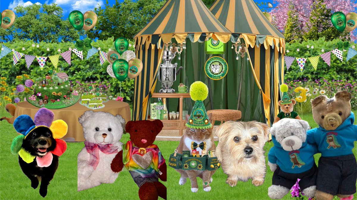 #HWCafe We saw dat Major Odie , Pumpkin de Mookin, @cathiebun had a shift, so me brought sum fwens! Left to right Gracie @GraciesWorld3 , new fwen of Raspberry's named Fluffy, Raspberry @joans1963 taking a break from Mom care, Odie, Youngun, an @justTeddy