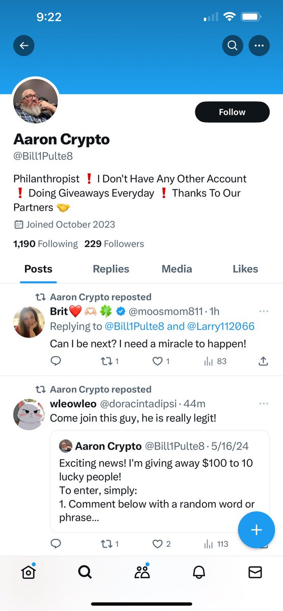On the subject of @Bill1Pulte8, it appears that the @I_Am_Gatorboy45 post brought him attention that he probably didn’t appreciate - within the past few minutes, he has changed his handle to @aaroncrypt.