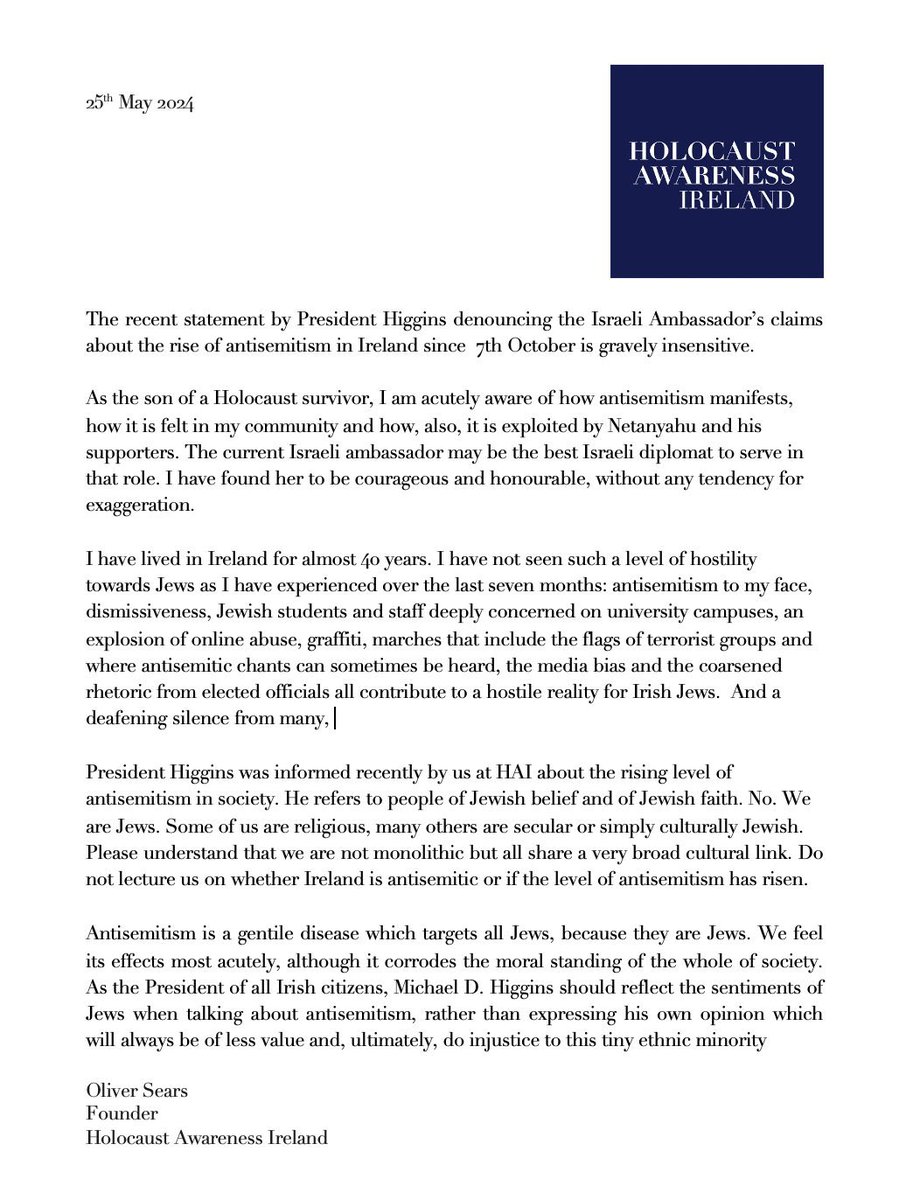 Oliver Sears <a href="/Holocaust_Irl/">Holocaust Awareness Ireland</a> pens a robust statement in response to <a href="/PresidentIRL/">President of Ireland</a> dismissal of rising Jew Hate in Ireland. The President should apologise for his input into something he is not qualified to comment on.