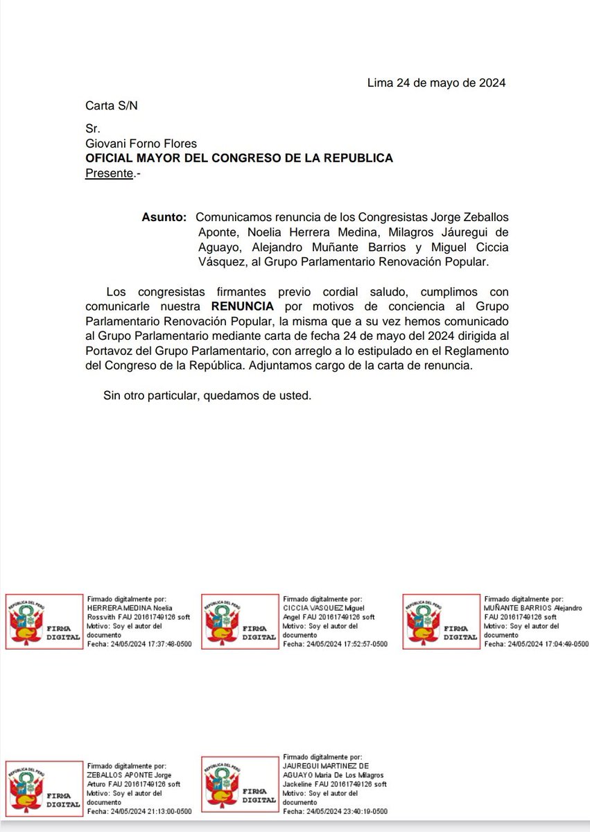 #AlertaLegislativa: Como Jorge Montoya se niega a dejar la vocería, cinco congresistas de #RenovaciónPopular renuncian a su bancada -con lo que se desactiva este grupo- y crean una nueva agrupación parlamentaria con el mismo nombre.