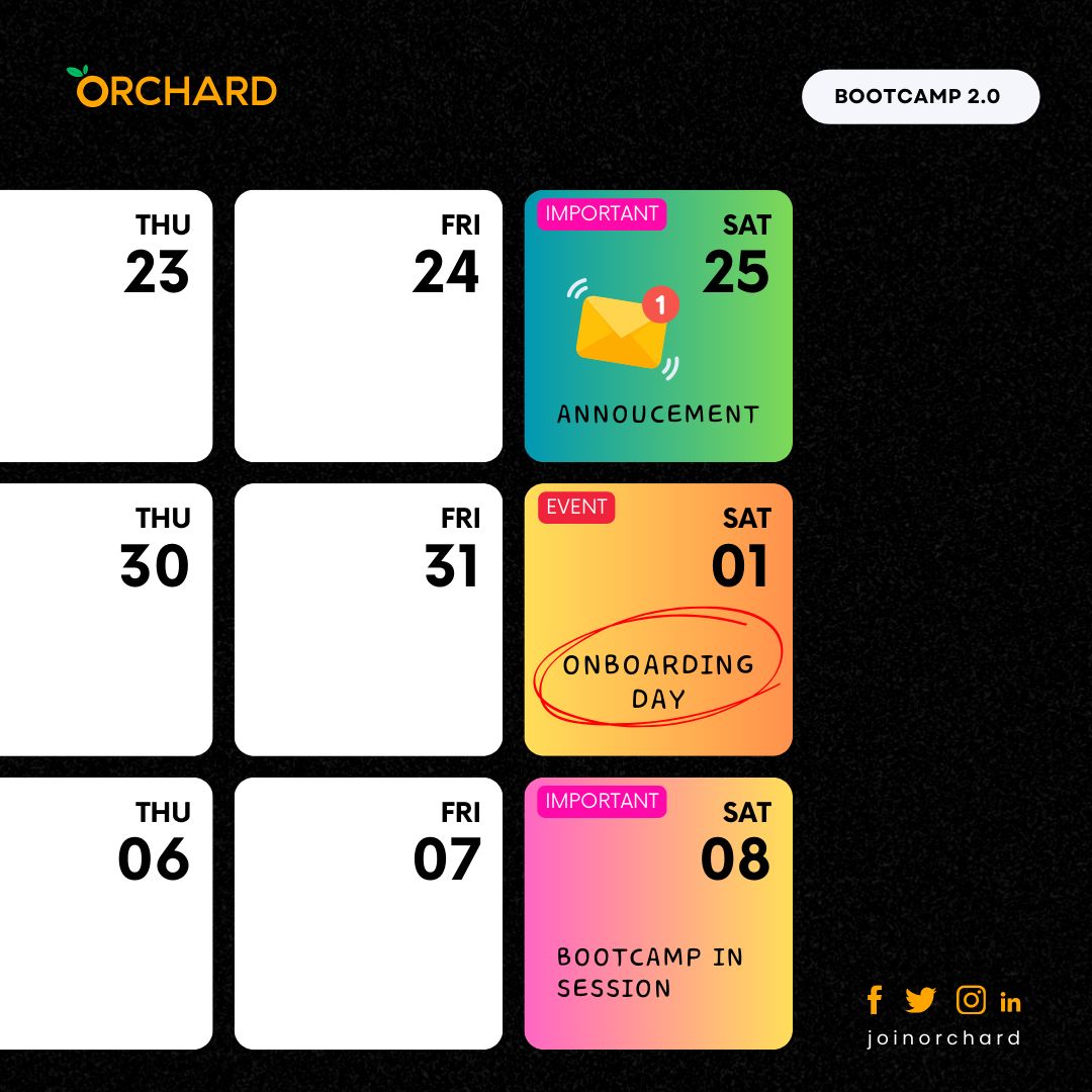 joinorchard's tweet photo. The Orchard Bootcamp 2.0 schedule is here!  

Start planning your exciting tech transformation!  

#OrchardBootcamp #YourTechJourneyStartsNow https://t.co/MQzDNN0FBI