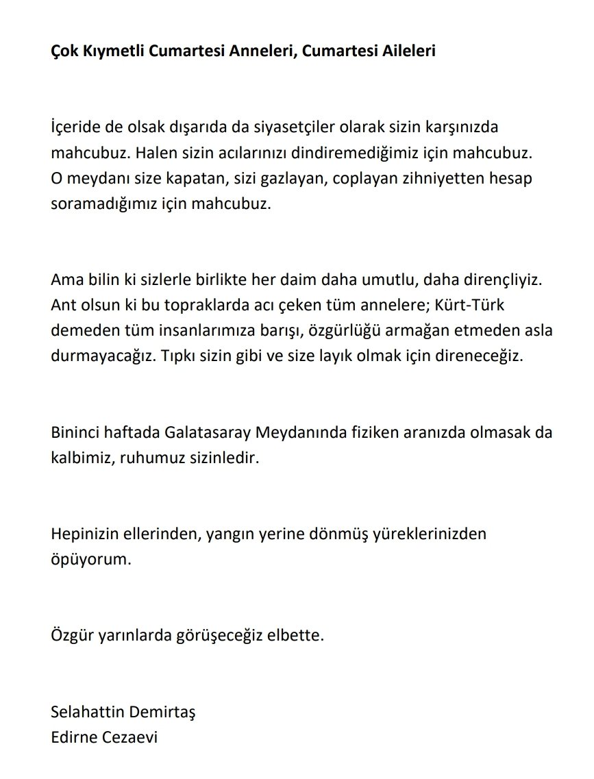 #CumartesiAnneleri1000Hafta'mız dolayısıyla kayıp ailelerinin avukatı Selahattin Demirtaş'ın (<a href="/hdpdemirtas/">Selahattin Demirtaş</a>) Edirne Cezaevinden gönderdiği mesajı paylaşıyoruz.