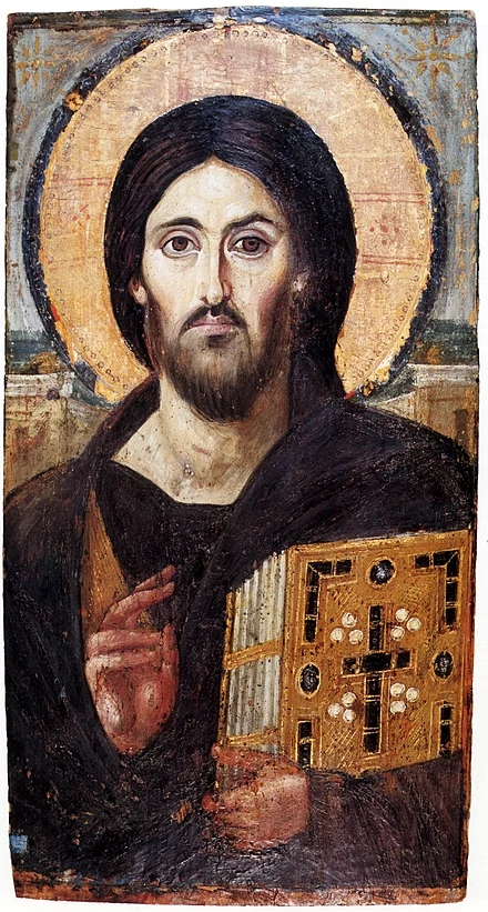 The oldest surviving panel icon of Christ Pantocrator, encaustic on a panel, c. 6th century, showing the appearance of Jesus that is still immediately recognized.