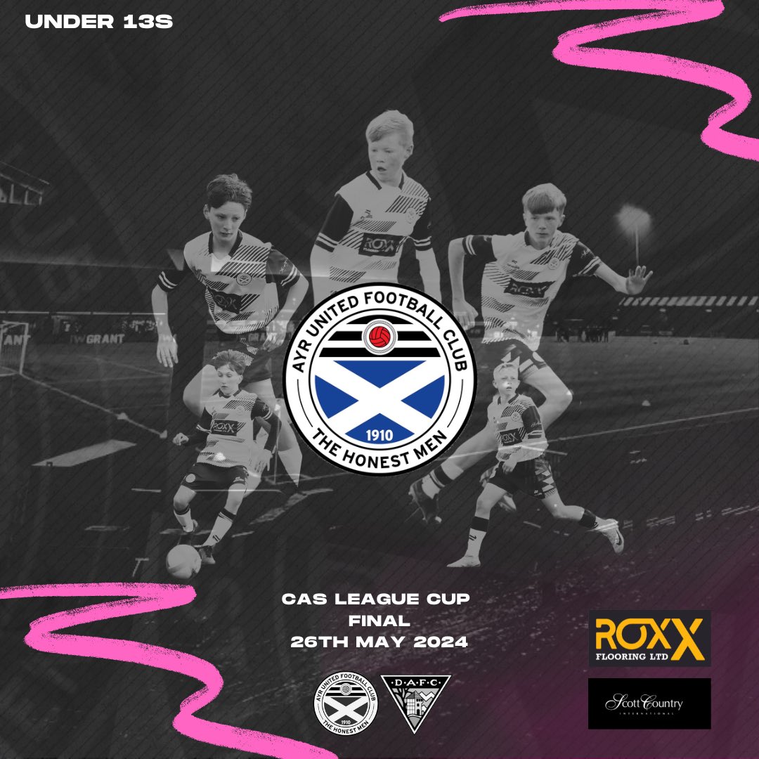 Our @AyrUnitedFC Under 13s are in cup final action tomorrow against @officialdafcYA ⚽️ 🏆 CAS League Cup 🏟️ Indorill Stadium, Alloa 🕒 10:30am Kick Off Thanks to ROXX Flooring and Scott Country International for sponsoring our u13s 🤝🖤🤍