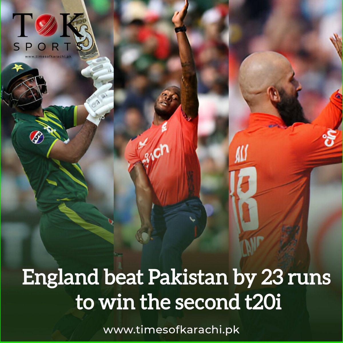 England secured a 23-run win against Pakistan, with Fakhar Zaman scoring 45 as Pakistan's top scorer. Moeen Ali took 2 wickets for 26 runs, and Jofra Archer claimed 2 wickets for 28 runs. #TOKSports #PAKvENG