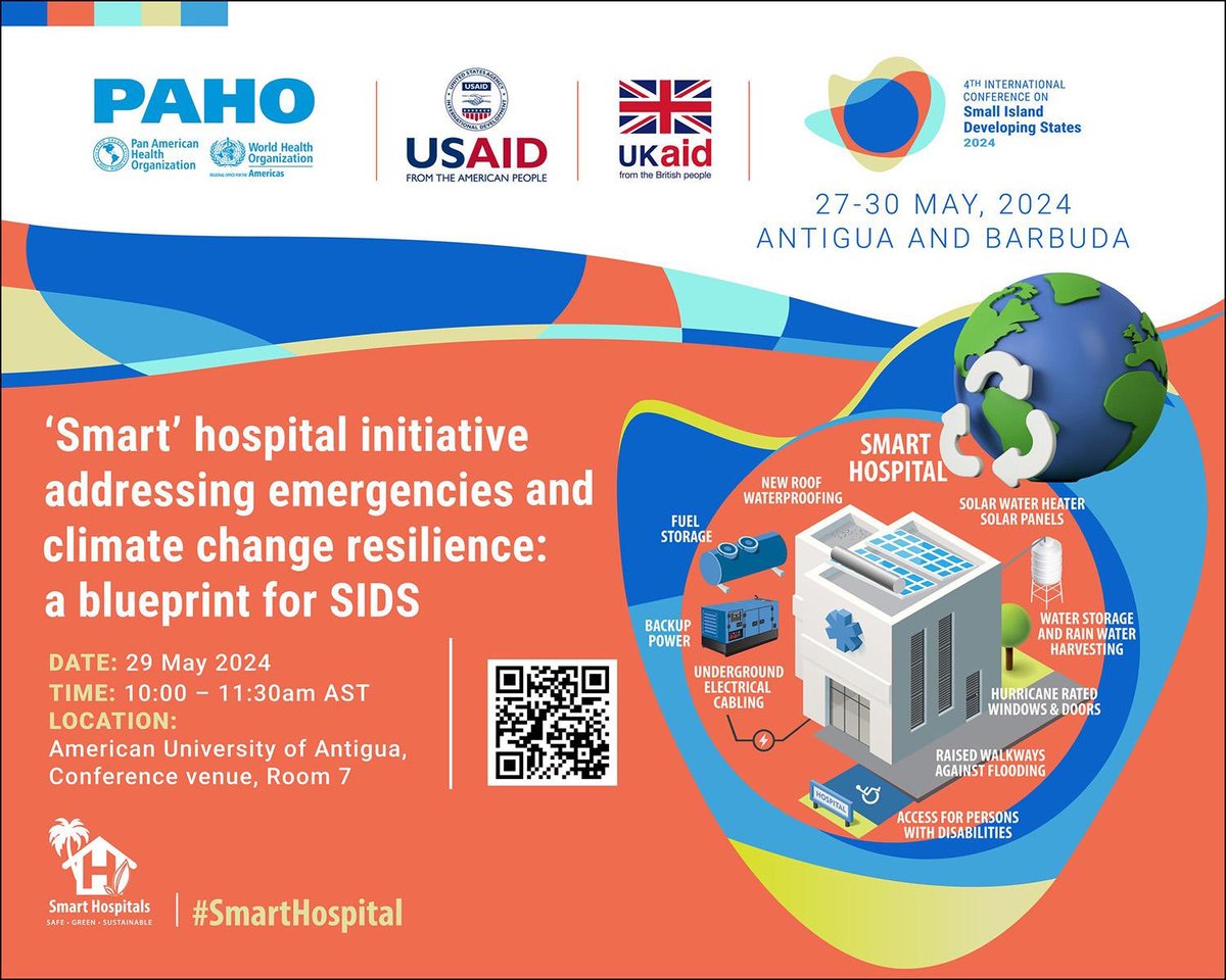 Come and join us at the 4th International Conference on Small Island Developing States #SIDS4 in 🇦🇬. 

See you at the side event “#SmartHospital Initiative addressing emergencies and climate change resilience” to be held on 29 May 20024, at 10am.

Moreℹ️ @SIDS4AB