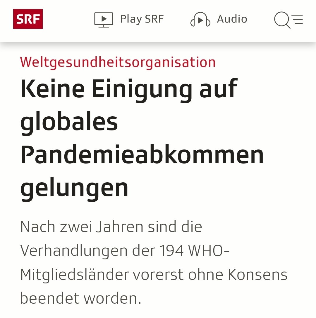 Katerstimmung beim Staatsfunk. Der totalitäre #Pandemievertrag der #WHO ist vertagt. Höchste Zeit für ein neues Horrorvirus und eine Super-#Impfung. 🤡 srf.ch/news/internati…