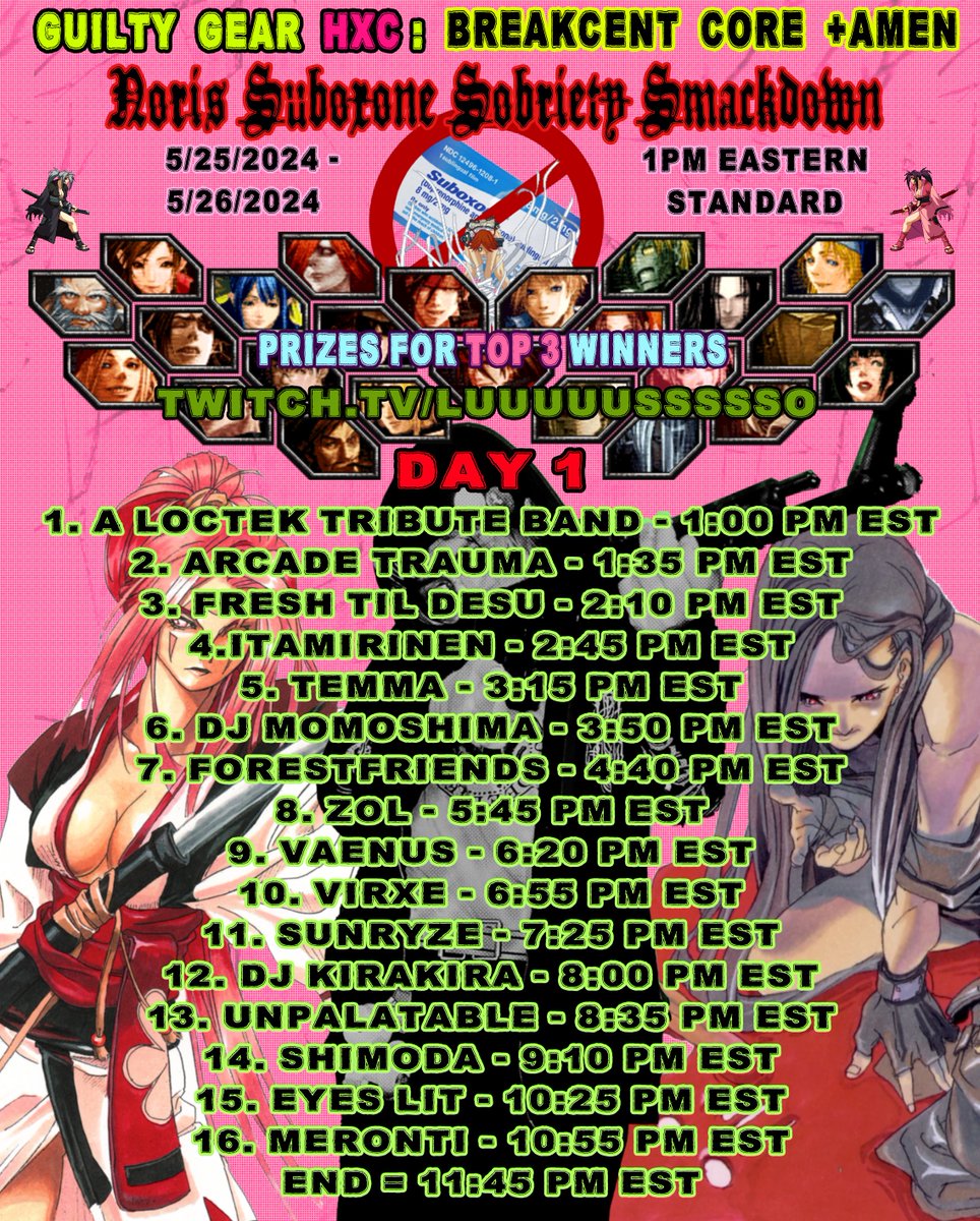 DAY 1!!!
I'M VIBIN TO 6 WEEKS CLEAN OFF SUBOXONE~!! 1:20PM EASTERN STANDARD TIME. (FLIER IS 20 MINUTES LATE SRRY)COME LISTEN TO SOME HARDCORE AND WATCH US PUNCH EACHOTHER AS HOT WOMEN!!! YEAH BABY WE ON IN 27 MINUTES @ twitch.tv/luuuuussssso