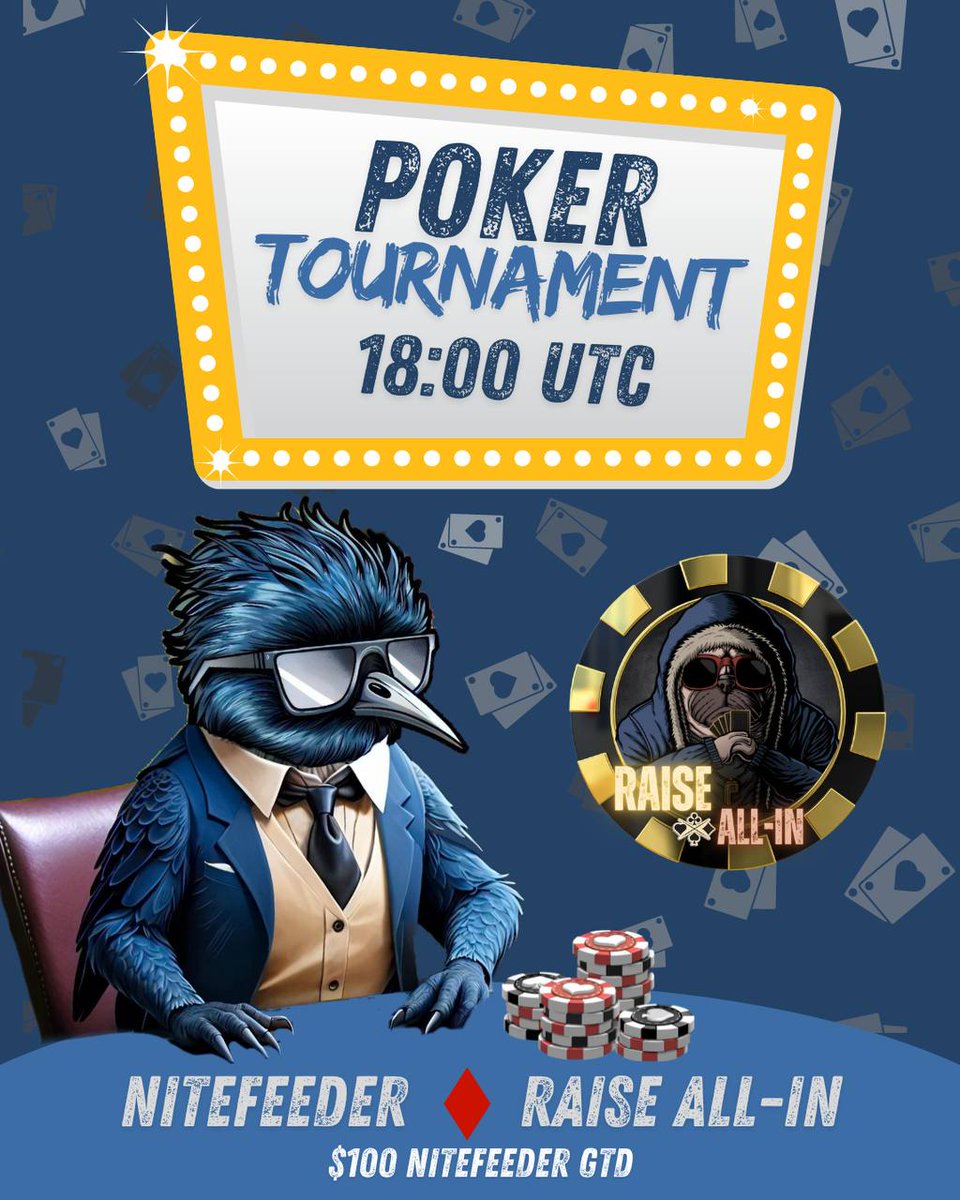 RaisePokerAllIn's tweet photo. Raise All In presents an EPIC $100 NITEFEEDER freeroll poker tournament with the official @NitefeederToken project!

Game time: 18:00 UTC on Sunday 26th May 2024!

How can you register?
1) Create an account on https://t.co/aN3sVqz2VM 
2) Click the tourney tab
3) Register for the Official NITEFEEDER poker tournament
4) Deposit USDT for the rebuys ($5.50 per re-entry)

Top prize: $65 NITEFEEDER*

* Additional prizes will be added if the tournament hits 50 players and another prize increase at 100 total players, don't miss out!

Late registration lasts for 60 mins.

Are you ready to go All-In?

Poker F.A.Q support channel: https://t.co/08xTEyyaHi

NITEFEEDER: https://t.co/1D7MWWpL6t

#crypto #poker #ThinkDeeply