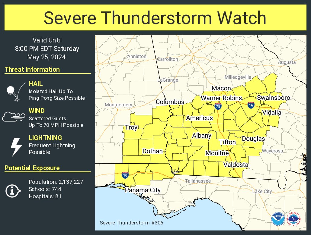 A severe thunderstorm watch has been issued for parts of Alabama, Florida and Georgia until 8 PM EDT