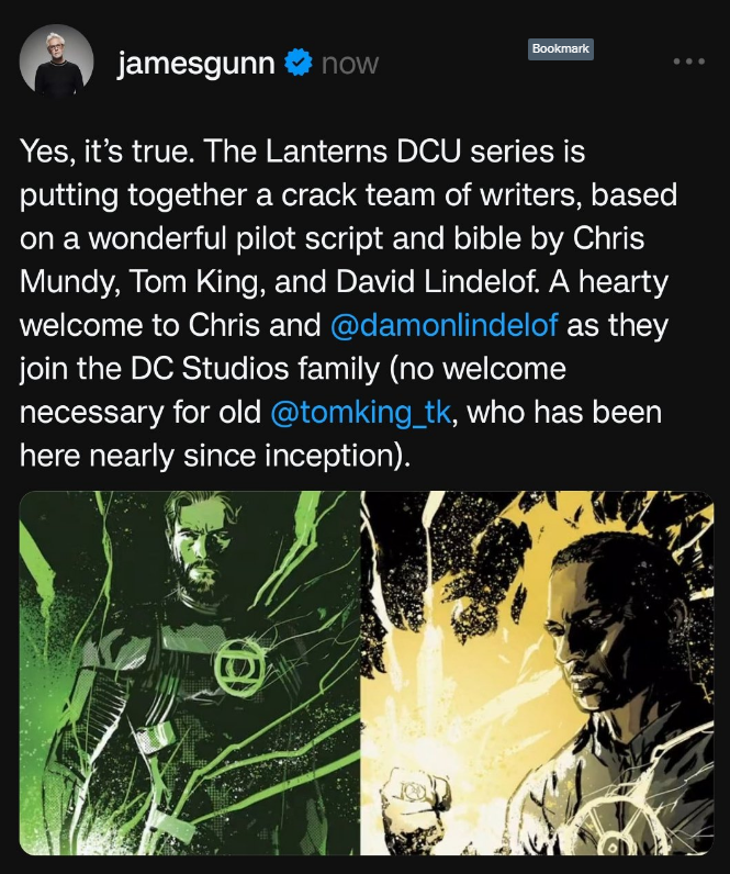 CONFIRMED!!!

Chris Mundy, Tom King, and Damon Lindelof developing LANTERNS!