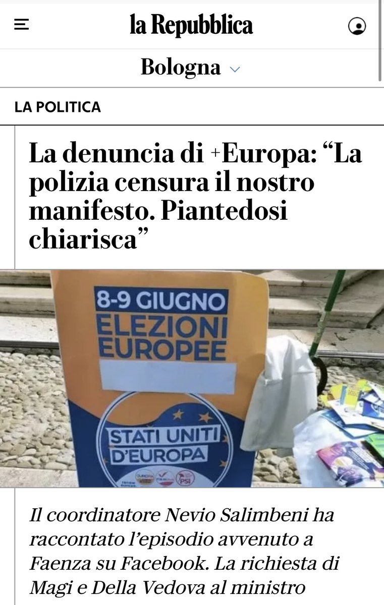 Oggi a Faenza agenti di polizia hanno censurato il manifesto degli #StatiUnitidEuropa. Ai nostri attivisti hanno prima fatto coprire la scritta “vota”, poi hanno chiesto di coprire anche la data del voto per le #europee, 8 e 9 giugno. In campagna elettorale, è vietato fare