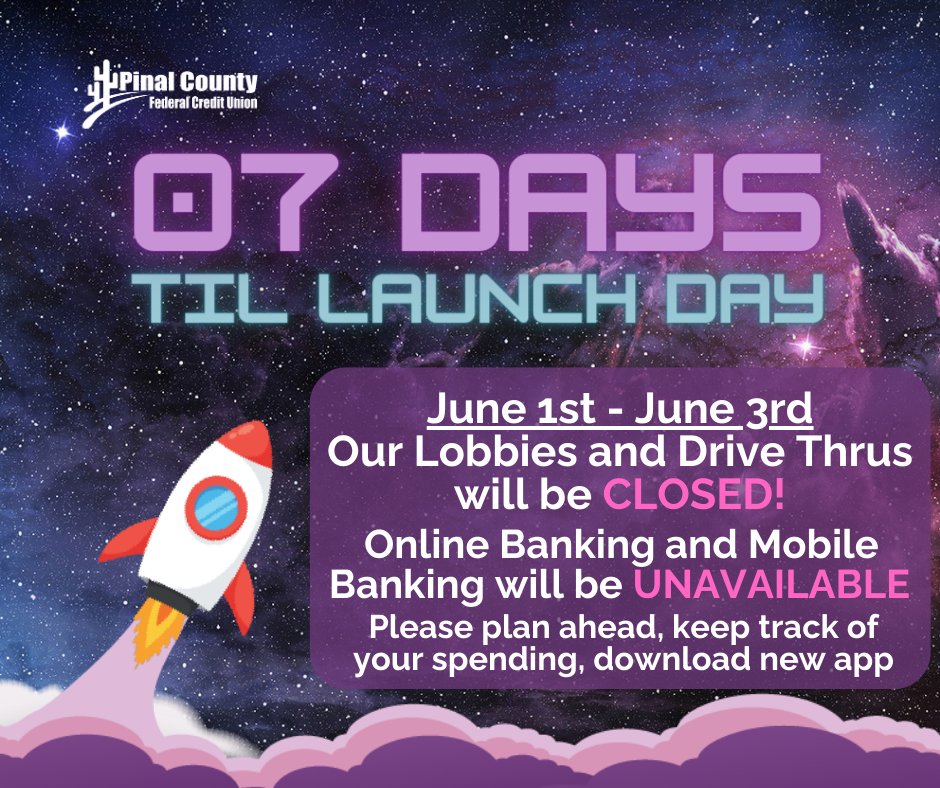 7 Days til Launch day!

Plan ahead, please visit our website for more information on how to prepare for our Conversion Weekend! 🚀

pinalcountyfcu.com/about-pcfcu/Co…

#pinalcountyfcu #pcfcufamily #pinalcounty #pcfcucommunity #creditunion #7DaysLeft #LaunchDay #CoreConversion