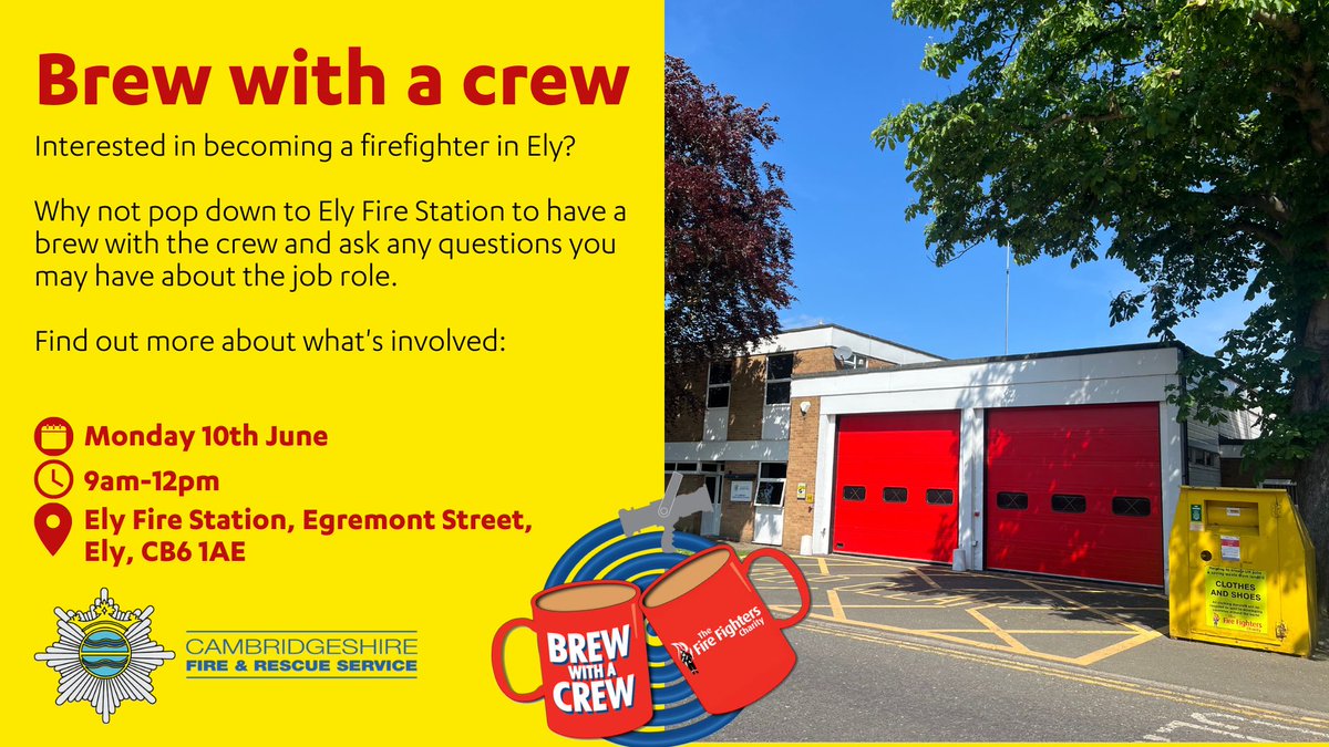 Want to find out more about becoming a firefighter or meet those who work in the Ely area? 🏡 Join firefighters at Ely Fire Station for a brew with a crew on Monday 10th June from 9am until 12pm. 🍵 🧑‍🚒 You can drop in at any point during the event.