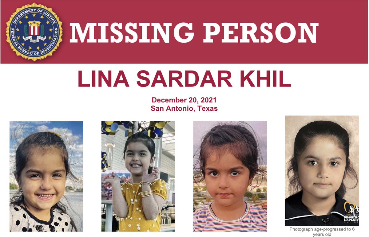 Lina Sardar Khil was last seen on the afternoon of Dec 20, 2021, at a playground at an apartment complex in San Antonio, TX, wearing a black jacket, a red dress, and black shoes. Help the #FBI find her: fbi.gov/wanted/kidnap/…