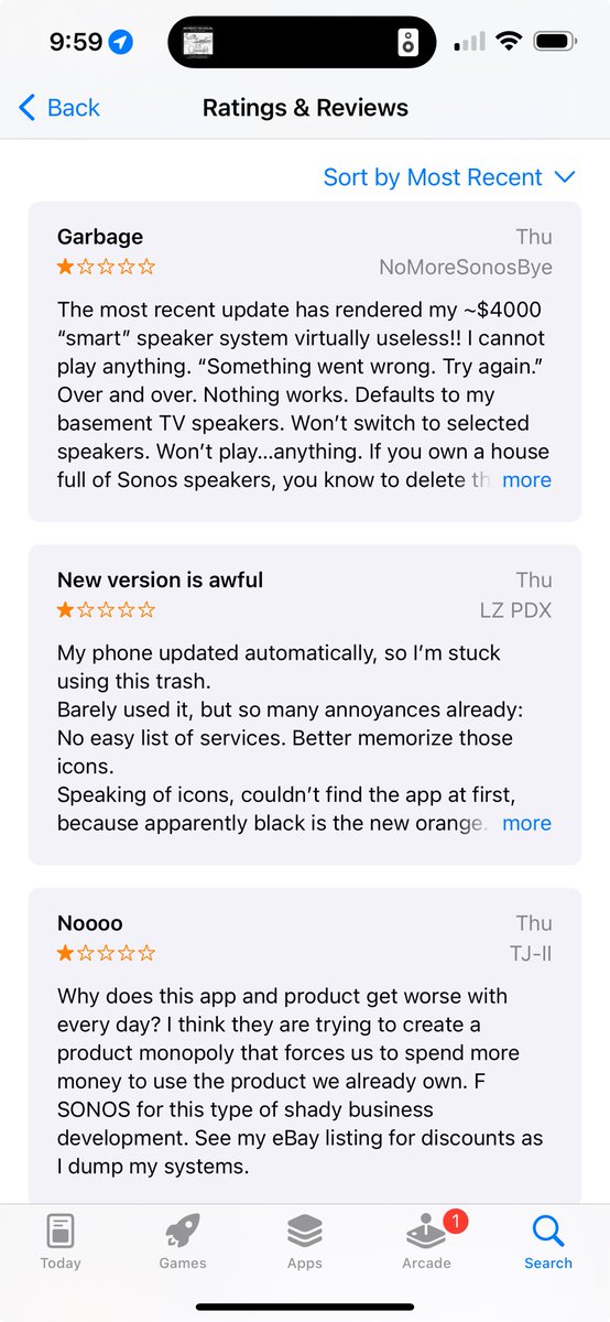 don’t be fooled by the 4.5 star review in the App Store. View @Sonos reviews by newest and you’ll see the real the story. I want all my money back. #enshitification