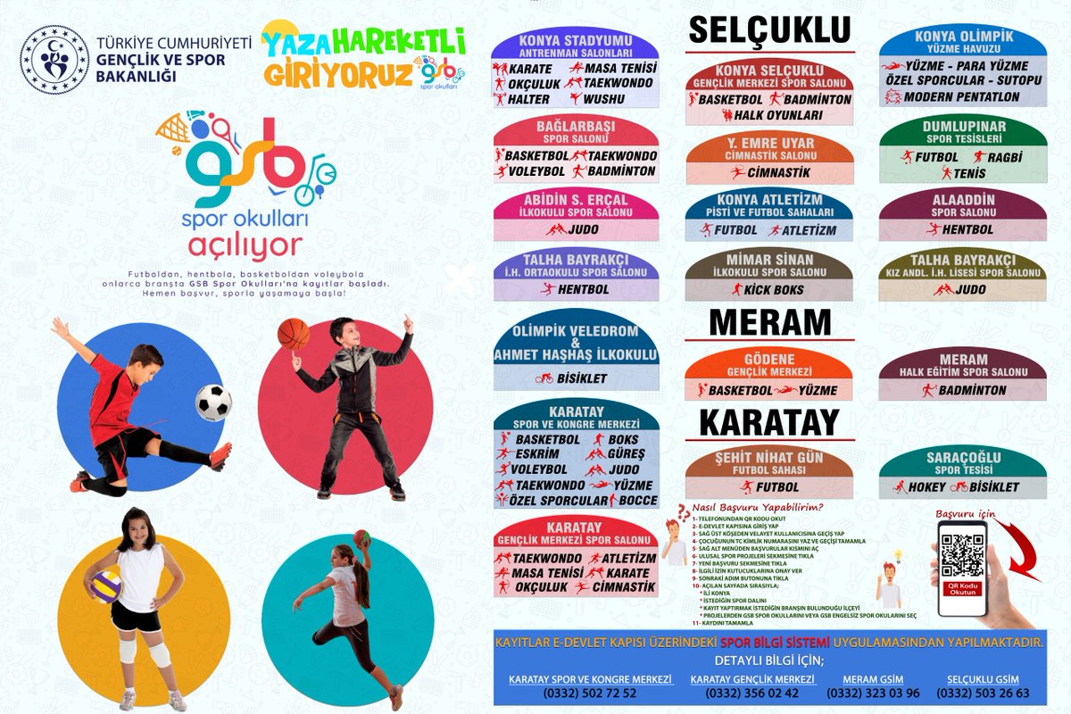 📢 GSB Spor Okulları ve GSB Engelsiz Spor Okulları Kayıtlarımız Başlıyor! 

🌞 Sen de spor dolu bir yaz geçirmek istiyorsan branşını seç, kaydını yaptır.

Kurslarımız Ücretsizdir.

📆Başvuru Başlangıç Tarihi: 27 Mayıs 2024

Detaylı Bilgi İçin; 🔗konya.gsb.gov.tr/HaberDetaylari…