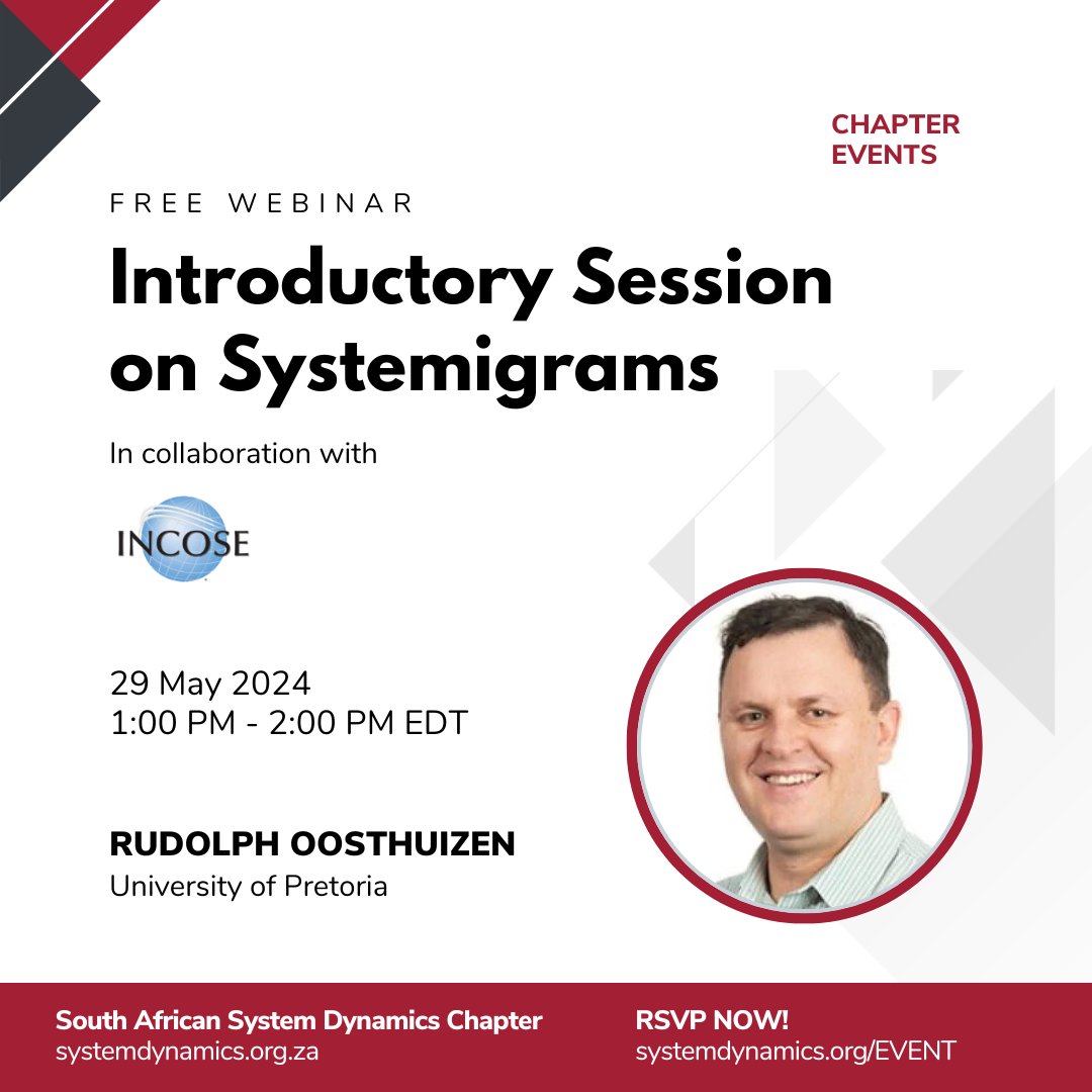 📣 FREE EVENT! ▶️ The South African System Dynamics Chapter and @incose_org are excited to host a webinar on 'Introductory Session on Systemigrams.' 📅 May 29 @ 1:00 PM - 2:00 PM New York Time 🔗 RSVP: ow.ly/81lU50RUZox #SystemDynamics #systemsthinking @SaDynamics