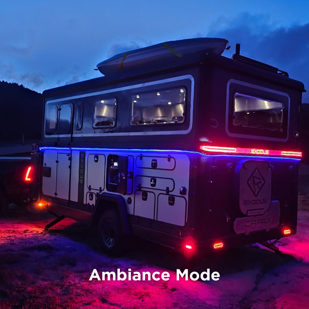 ExodusRigs's tweet photo. Nightfall transforms the Exodus Capax into a haven of warmth and light. Experience our 'Ambiance Mode'—designed to create the perfect evening atmosphere whether you're inside or out. https://t.co/W088RGL5lV