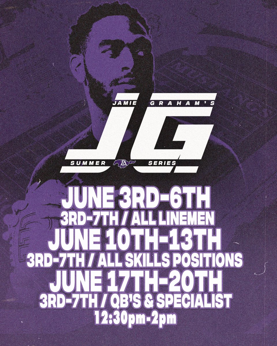 Jamie Graham’s Mustang Summer Series is this Summer! All camps are from 12:30pm-2pm and for 3rd-7th grade! ✅June 3rd-6th will be all Lineman ✅June 10th-13th are for ALL Skill Positions ✅June 17th-20th will be for Quarterbacks and Specialist We look forward to having a