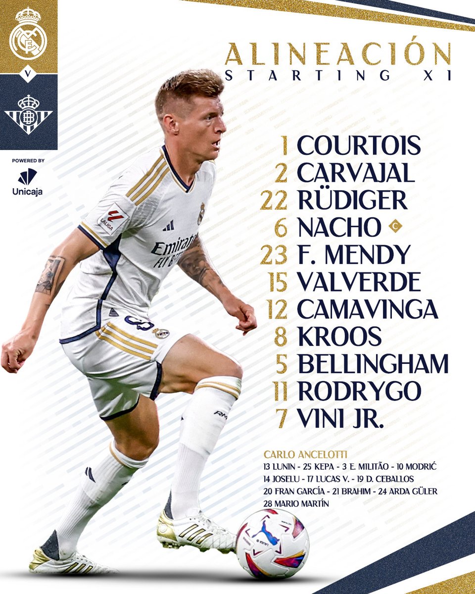 realmadrid's tweet photo. 📋✅ ¡Nuestro XI inicial!
🆚 @RealBetis
@UnicajaBanco | #RealMadridRealBetis https://t.co/izggazNAVB