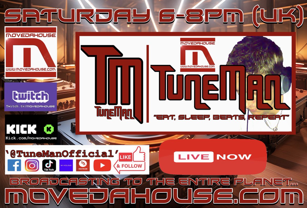 Now Playing Live on MoveDaHouse Radio #livestreaming #RadioShow 6-8pm #UK #DJ TuneMan
@TunemanOfficial
#playing #HouseMusic #deephouse #techhouse #techno #acidhouse #internetradio #Radio #listenlive #watch #chat #MoveDaHouse LISTEN-LINK website: movedahouse.com