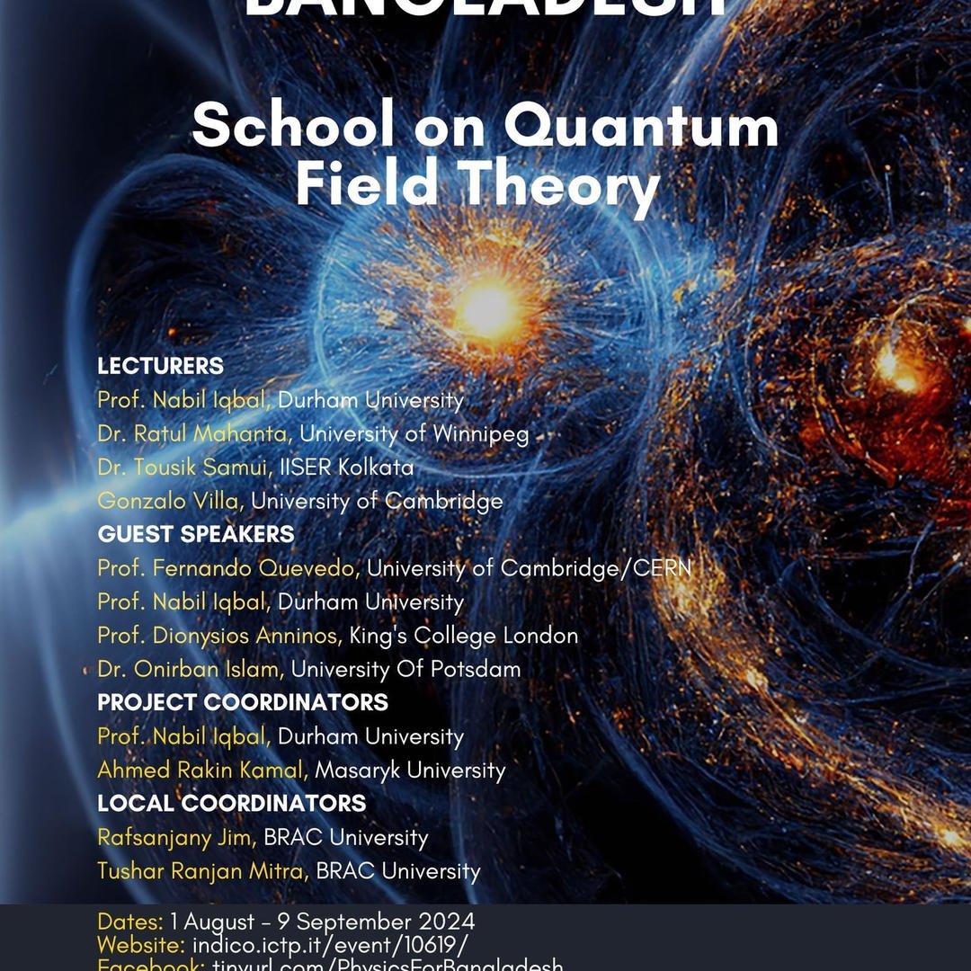 We are very happy to announce an online school on quantum field theory in Bangladesh, going all the way from basics to topics of current research! Registration opens on June 1st: indico.ictp.it/event/10720/ Co-organized w/ @ARKonWorldsheet, w/ generous support from @ictpPWF.