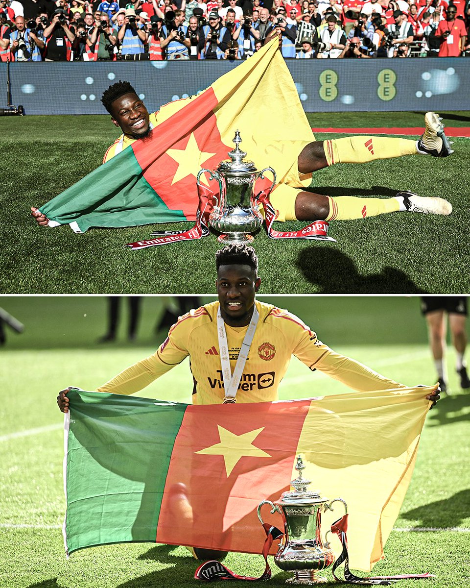 Andre Onana brought out the Cameroon flag during celebrations after Man United's FA Cup final win 🇨🇲❤️