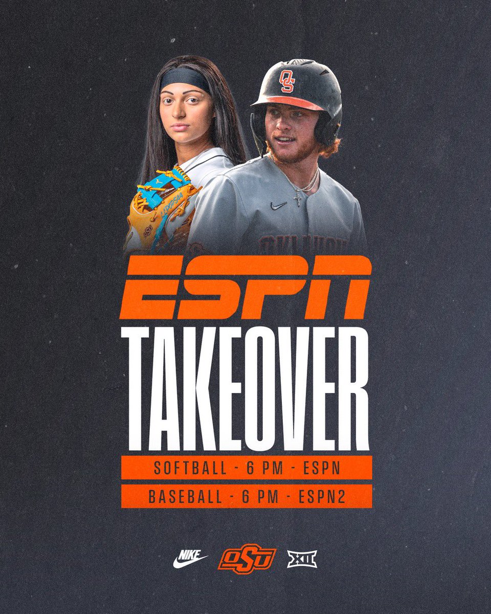 The Pokes are taking over ESPN! Catch @OSUBaseball & @cowgirlsb on national television tonight at 6 pm! 🤠 #GoPokes