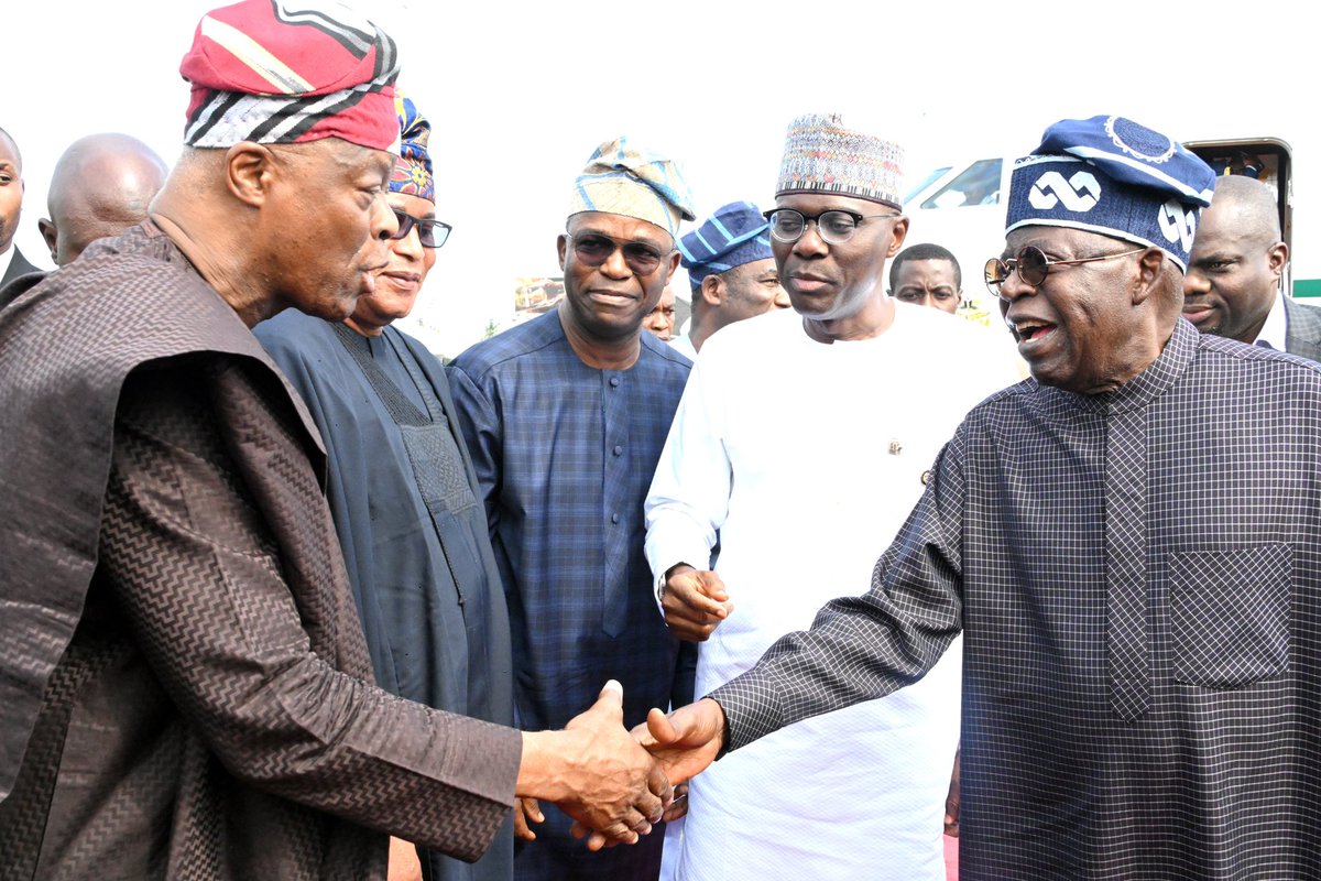 President Tinubu in Lagos President Bola Ahmed Tinubu with Lagos State Governor Babajide Sanwo-Olu,Senator Tokunbo Abiru,Senator Wasiu Eleshilokun,and Minister of Finance and Coordinating Minister of the Economy,Mr Wale Edun, on arrival at Presidential Wing Murtala Mohammed