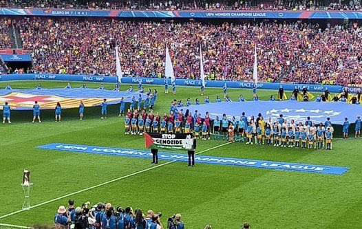 leylahamed's tweet photo. A “Stop Genocide” banner with the Palestinian flag has been placed on the field at San Mamés stadium ahead of the UEFA Women’s Champions League Final between FC Barcelona and Olympique Lyon.

#UWCLFinal🇵🇸 https://t.co/fI0dARpAwT