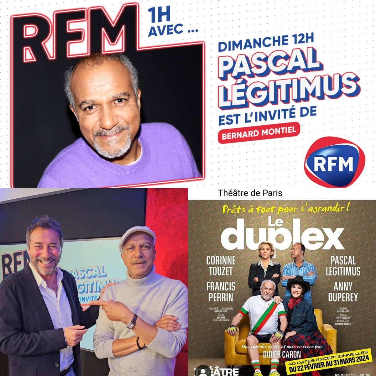 bernard_montiel's tweet photo. DEMAIN DIMANCHE 12H @RFMFrance #UneHeureAvec #PascalLégitimus pour la première fois un rôle de méchant dans"LE DUPLEX" au #THEATREDEPARIS #RFMDIMANCHE12H #PASCALLEGITIMUS 🎭🌟 #RFMTHEATRE et une surprise : #CorinneTouzet au tél ☎️pas tendre avec son mari de théâtre 😂😂😂😂 https://t.co/Cn11DpYrfx