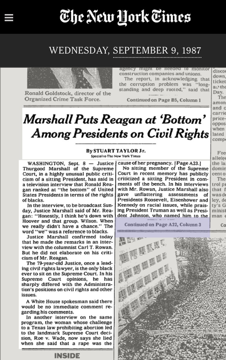 1/Democrat-appted liberal Justice Thurgood Marshall trashed President Reagan on civil rights in 1987. I’m unaware of Marshall ever recusing from any Reagan admin case b/c of these comments. @SenWhitehouse @jodikantor @newyorktimes are you troubled by this?