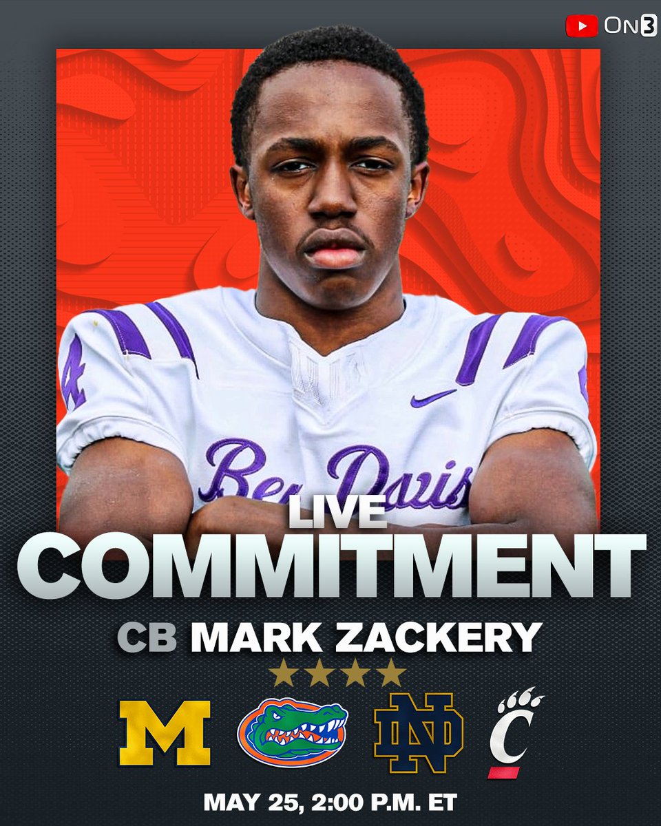 LIVE COMMITMENT: 4-star CB Mark Zackery is about to announce his decision on the On3 Recruits YouTube channel‼️ Who will he choose?🤔 WATCH HERE: youtube.com/live/3CYx-MGlq…