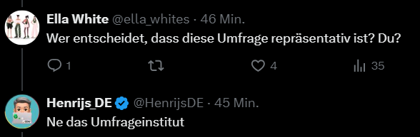 Wie wir heute demonstriert bekommen, scheinen einige CDU-Politiker*innen Nachhilfe in Medienkompetenz und allgemein Online-Umfragen zu benötigen.
Auch mit Statistik klappt es noch nicht so gut.
Umfrageinstitute entscheiden jetzt selbst bzgl. ihrer eigenen Repräsentativität?
Achso