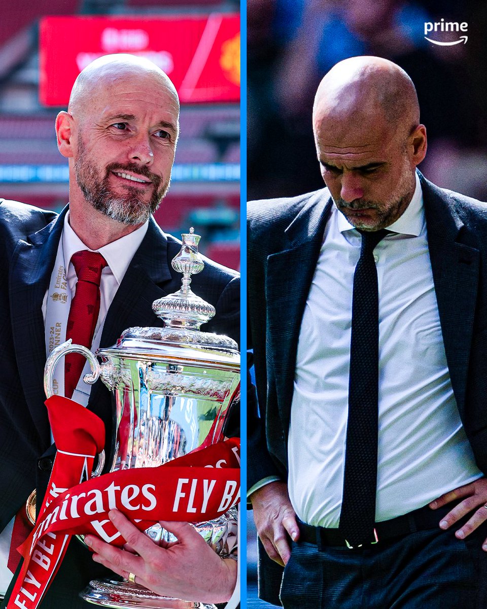 primevideosport's tweet photo. Erik ten Hag becomes the first manager to win a major domestic cup final against Pep Guardiola’s Man City 😳

#FACupFinal https://t.co/kNlrzc88Vf