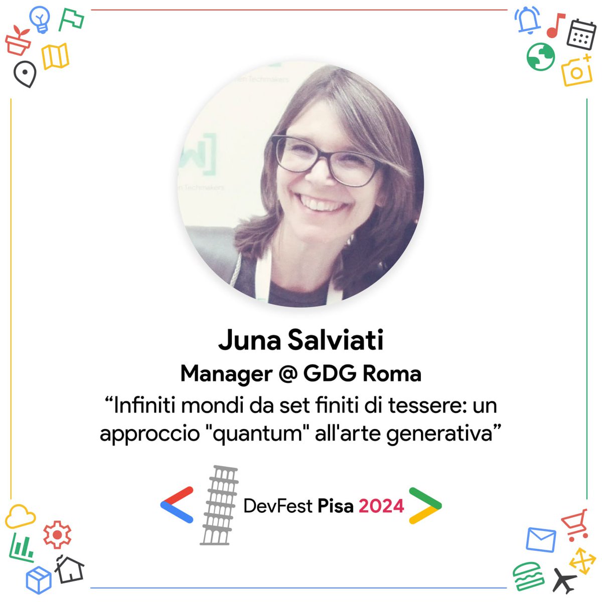 Heyla developers! 🚀
We are thrilled to introduce Juna Salviati as a speaker at DevFest Pisa 2024! 😍

If you haven’t gotten your ticket yet, hurry up! We are waiting for you. 🥰

Get your tickets for free: buff.ly/2thmu4F 🎟
#devfestpisa2024 #pisa #gdgpisa #wtmpisa