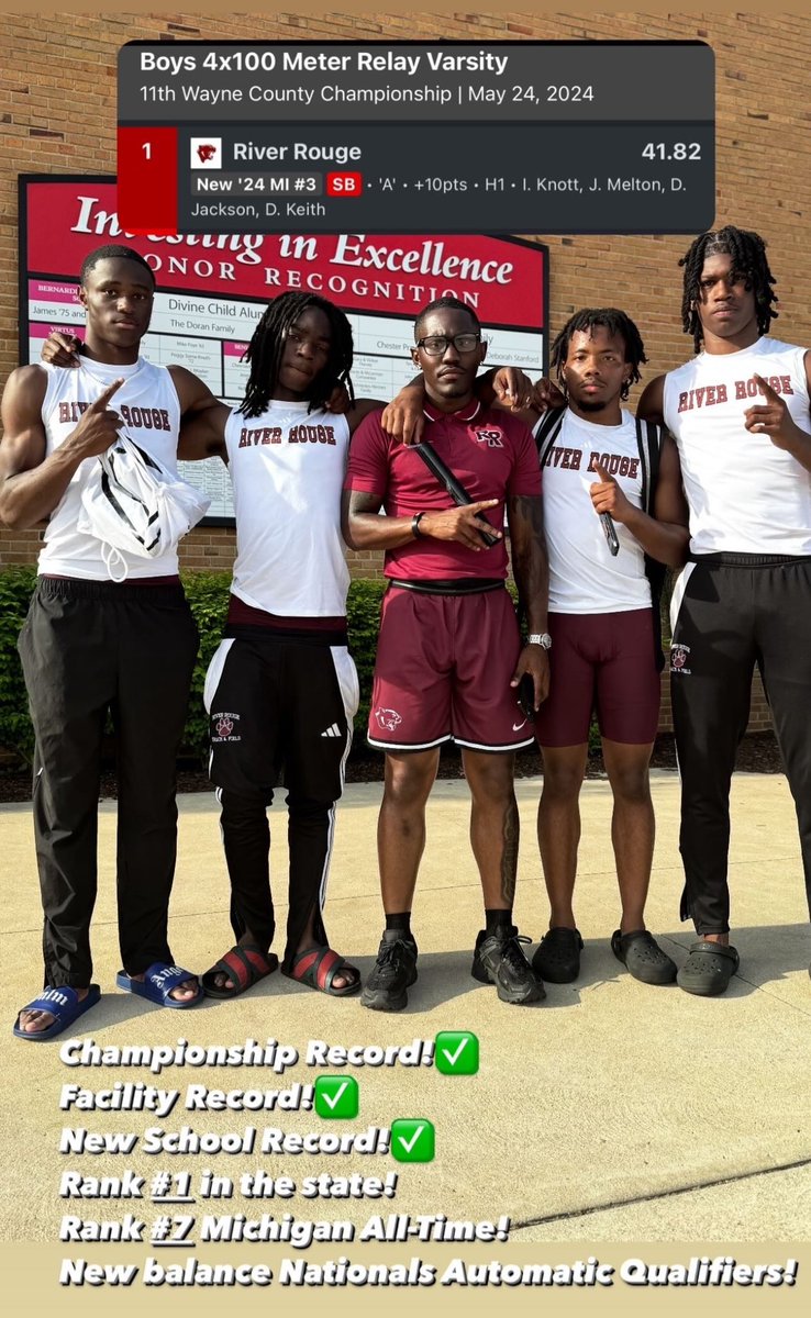 Me And The Guys Dropped 41.82 At The Wayne County Championship In the 4x1! Setting A New Meet Record, School Record, Moving Up To Michigan #1, Michigan #7 All Time, And Also Qualifying For NB Nationals!!! Let’s Gooo @Jaidenmelton5 @DonpaulKeith 🛝 #P80Speed #RougeWay