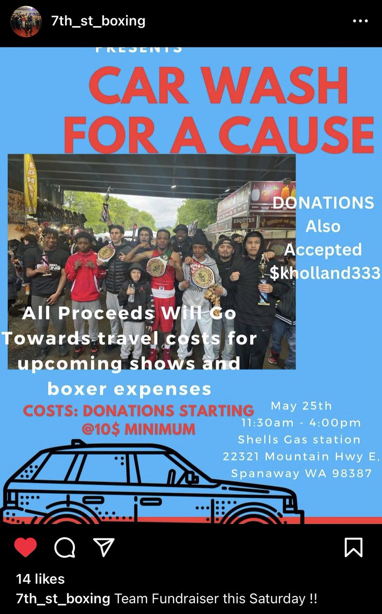 outlawflags's tweet photo. My NEPHEWS BOXING TEAM HAVING CAR WASH!? No car wash needed to support! Helping those that help the kids in the community gym is doing a fundraiser car wash in Spanaway 
I know most people can't make it-  a $10 donation would be appreciated 
$kholland333 - Coach's wife cash app https://t.co/HXKUWJJWPt