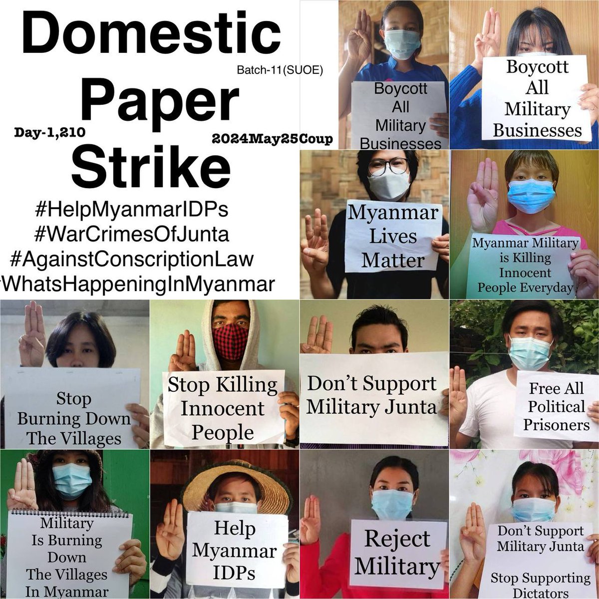 ActivistLittle's tweet photo. Daily anti-coup revolutionary domestic strike by pro-democracy CDMer teachers from Sagaing University of Education as 1,210th day.

#2024May25Coup #AgainstConscriptionLaw #WhatsHappeningInMyanmar https://t.co/CKvTIbLxLX