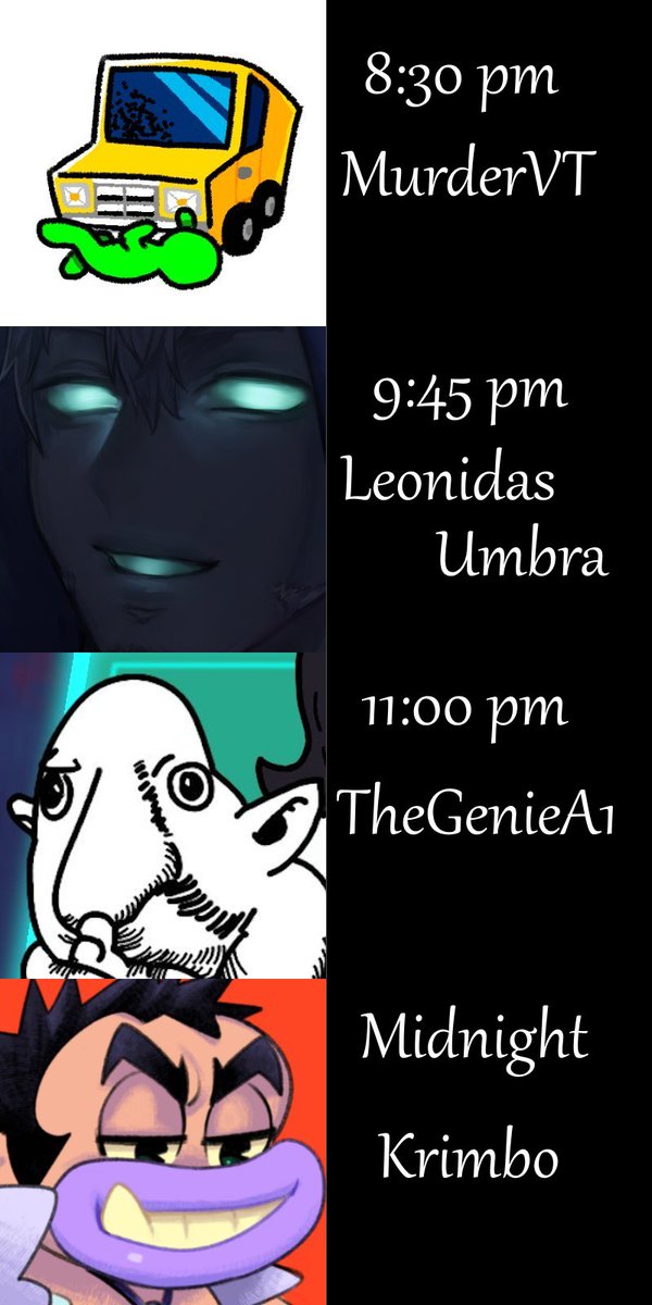 Hello everyone. Manly March Day 6 starts at 8:30 pm EST tonight.

twitch.tv/corpse_ch

My co-hosts tonight will be @MurderVT_legal, <a href="/leonidasumbra/">Leon</a>, <a href="/TheGenieA1/">TheGenieA1 💢 🐀</a>, and <a href="/king_kriminal/">⛓ Krimbo ⛓</a>. 

Each of them has prepared a ~1 hour playlist.

#Vtuber