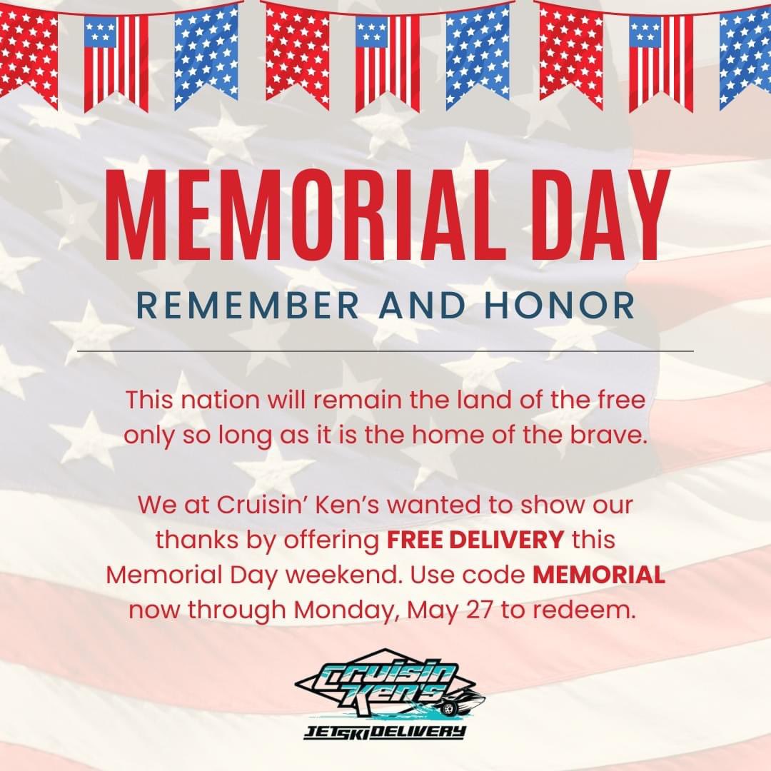 Cruisin’ Ken’s wants to show our thanks by offering FREE DELIVERY now through Monday, May 27 on all jet ski rentals using code MEMORIAL. 
#surfcitync #memorialday #jetskirentals #jetski #northcarolinavacation