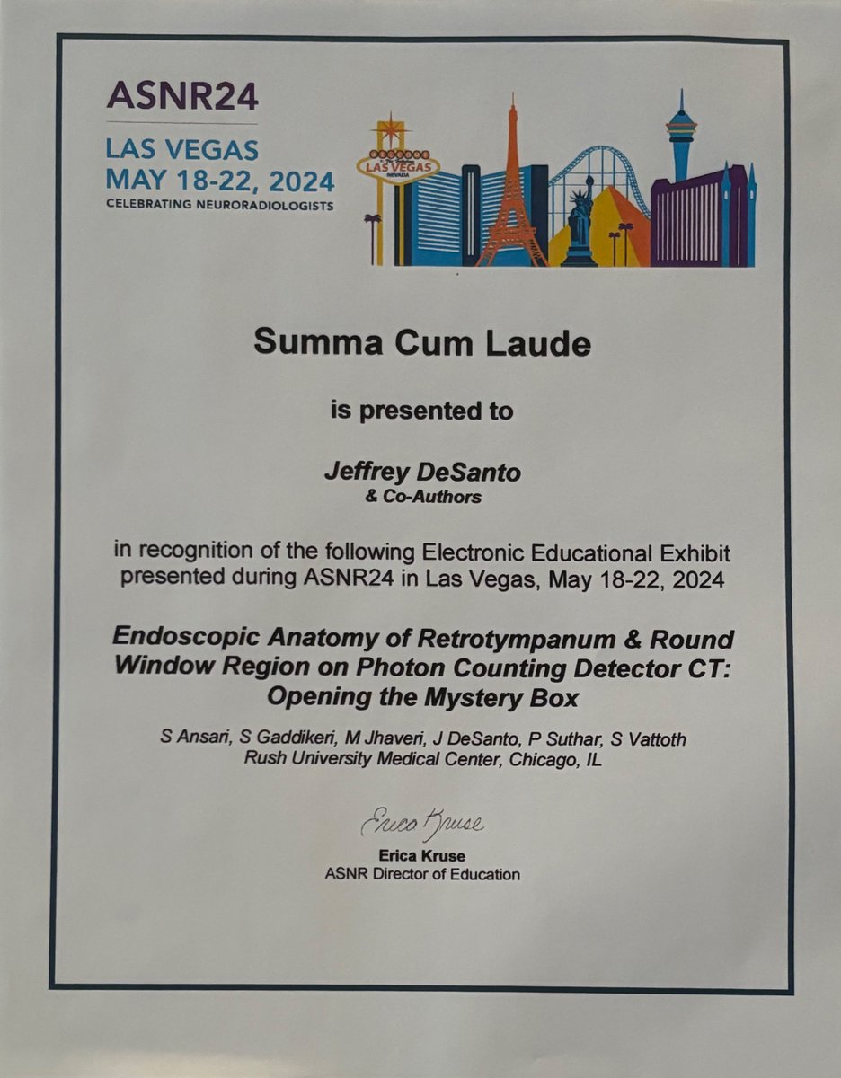 Delighted to share that we have received the Summa Cum Laude award at ASNR 2024 for our exhibit on retrotympanum. I am grateful to my mentor @drSurjthVattoth and co-author @PokhrajSutharMD. #ASNR24 @TheAJNR @TheASNR @theAJNR_EIC