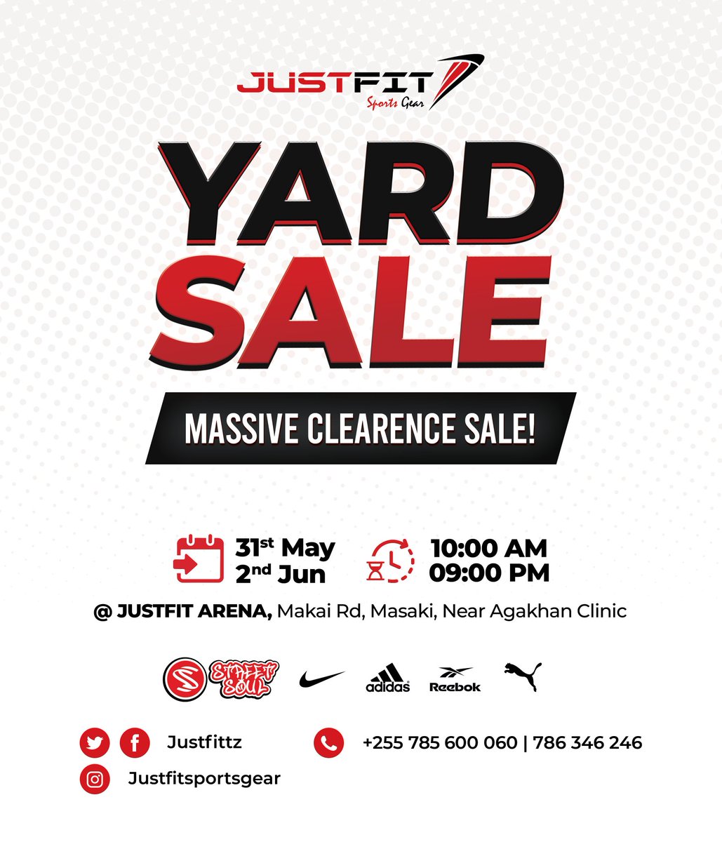 @JustFittz next Friday Just Fit Arena Clearance sale Bei ya kubwaga Tunabwagaaaaa