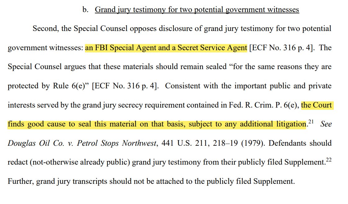 In addition to making several admonishments to Jack Smith about vague, generalized claims of threats against anyone involved in the case to keep evidence concealed, Judge Cannon last month consented to his request to keep GJ testimony of 2 law enforcement officials involved in