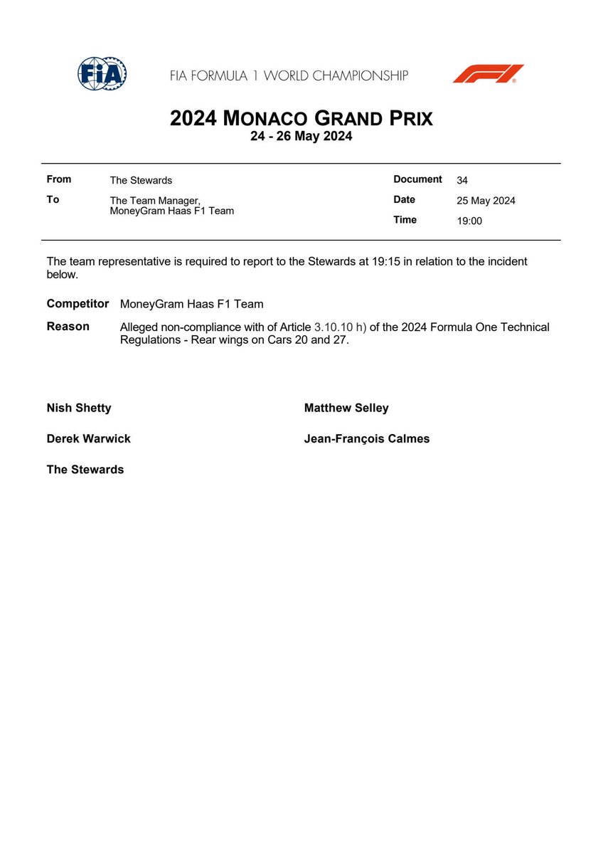 ハースはレーススチュワードに対しマグヌッセン、ヒュルケンベルグの2台に対し2024年F1技術規則第3.10.10h条の不遵守の疑いで報告をしなければいけない
#f1 #f1jp #MonacoGP