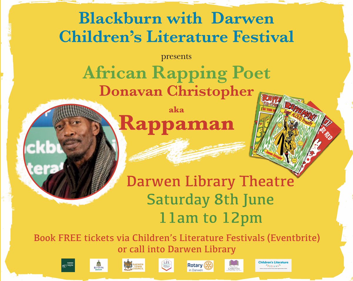Live in #Darwen? - Donavan Christopher aka Rappaman will be performing @DarwenLTheatre Sat 8th June at 11.00am, for part of our week long festival. Here’s a link to book: eventbrite.com/o/33470125241 @RappamanDC #BWDCLF24 #children #BWDCLF24 #poet